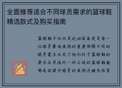 全面推荐适合不同球员需求的篮球鞋精选款式及购买指南