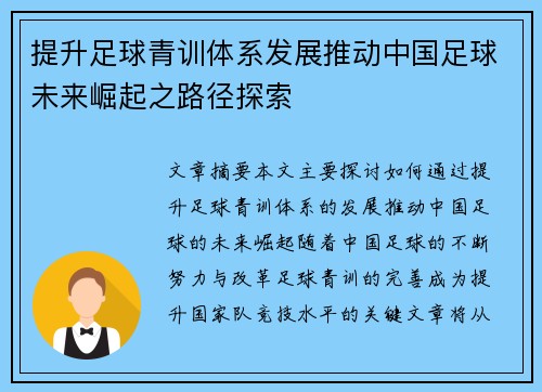 提升足球青训体系发展推动中国足球未来崛起之路径探索