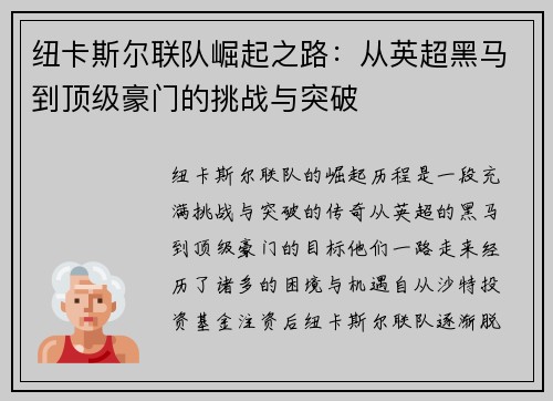 纽卡斯尔联队崛起之路：从英超黑马到顶级豪门的挑战与突破