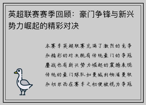 英超联赛赛季回顾：豪门争锋与新兴势力崛起的精彩对决