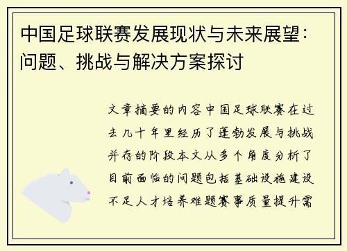 中国足球联赛发展现状与未来展望：问题、挑战与解决方案探讨