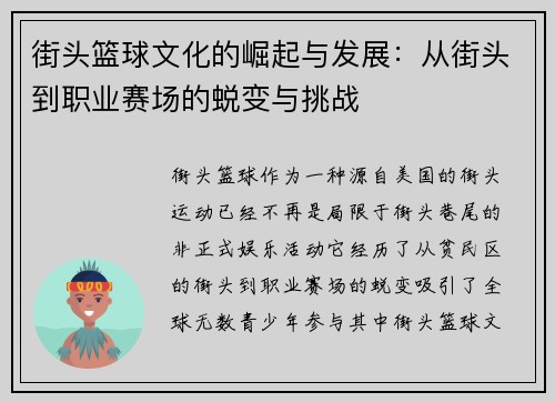 街头篮球文化的崛起与发展：从街头到职业赛场的蜕变与挑战