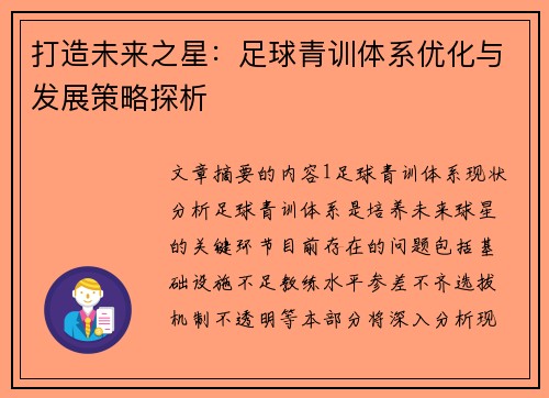 打造未来之星：足球青训体系优化与发展策略探析