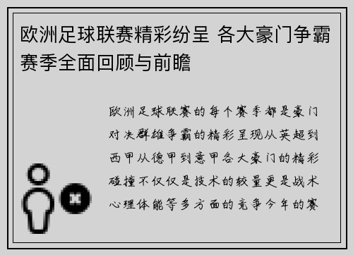 欧洲足球联赛精彩纷呈 各大豪门争霸赛季全面回顾与前瞻