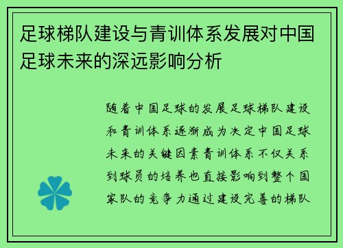 足球梯队建设与青训体系发展对中国足球未来的深远影响分析