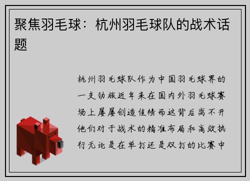 聚焦羽毛球：杭州羽毛球队的战术话题